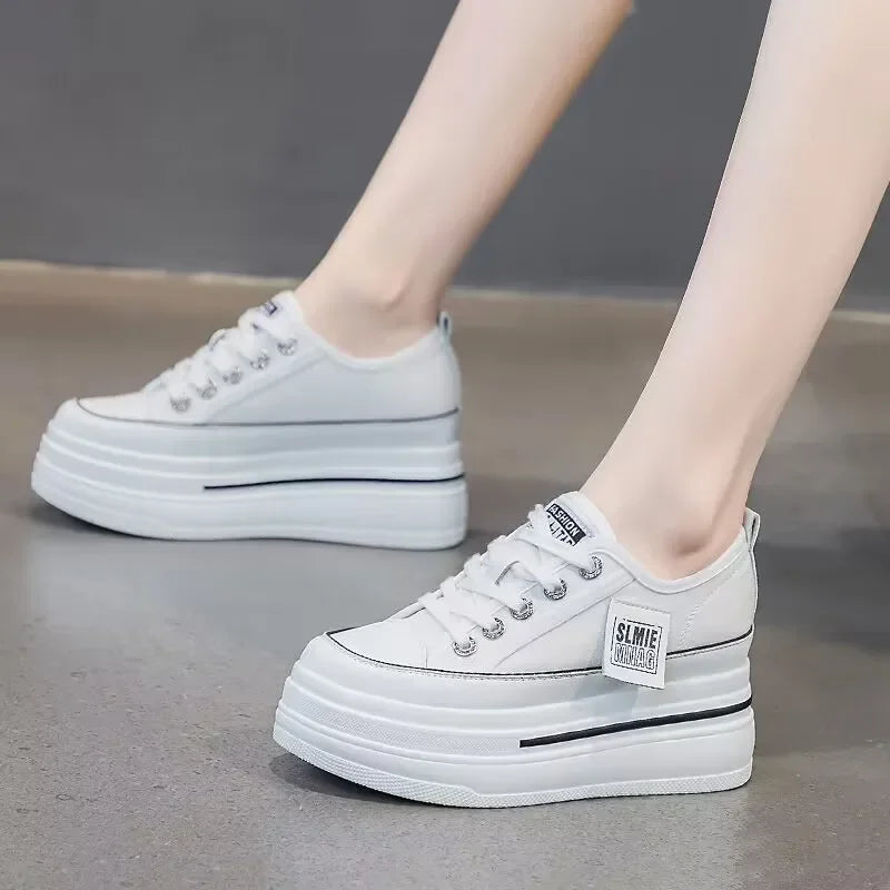 Casual Canvas Shoes 2024 New Women's Solid Color Thick Sole Sports Wedge Heel Height Increasing Breathable Vulcanized Women's