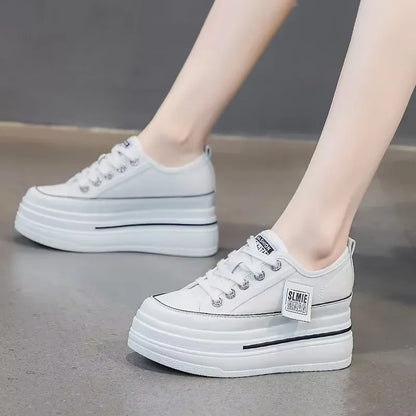 Casual Canvas Shoes 2024 New Women's Solid Color Thick Sole Sports Wedge Heel Height Increasing Breathable Vulcanized Women's
