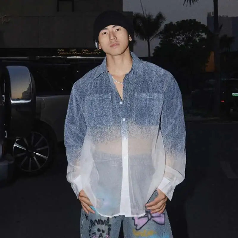 FEWQ Niche Design Men's Shirts Lapel Denim Single Breasted Long Sleeved Casual Gradient Color Loose Male Pocket Top Chic 24K3470