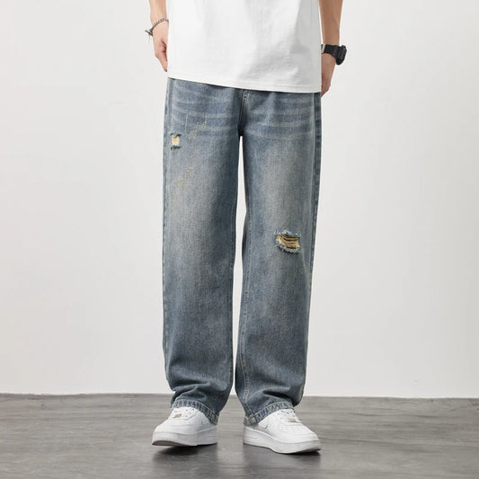 Korea Baggy torn holey ripped Jeans Men Vintage  Y2k Pants Fashion Frayed High Street Distressed Denim Trousers loose thin Male
