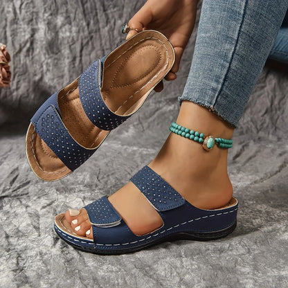 2025 New Ladies' Contrasting Wedge High-heeled Sandals, Casual Open Toed Thick Soled Shoes, Comfortable Ankle Strap Sandals