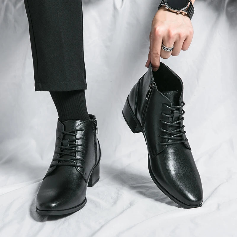 Men Leather Ankle Boots Round Toe Lace-up Fashion Business Boots