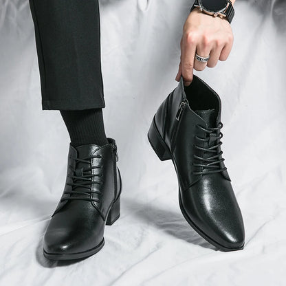 Men Leather Ankle Boots Round Toe Lace-up Fashion Business Boots