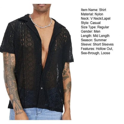 Summer Men Shirt Solid Color Hollow Out Lapel Short Sleeves Single-breasted Men Top Loose Mid-length Lace Male T-shirt