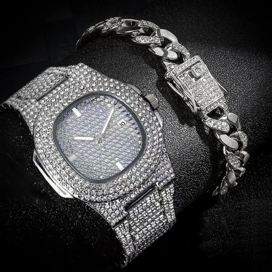 1/2/3PCS Luxury Full Diamond Men's Watches Fashion Hip Pop Quartz Wristwatch with Calendar Jewelry Set