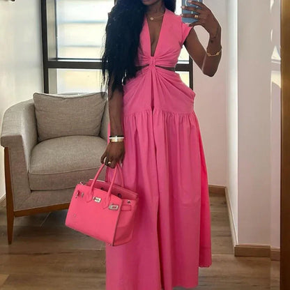 Simple Solid Color Hollow Waist Pleated Dress Elegant Lady Deep V-neck Loose Long Dress Summer Sleeveless Commuting A-line Dress