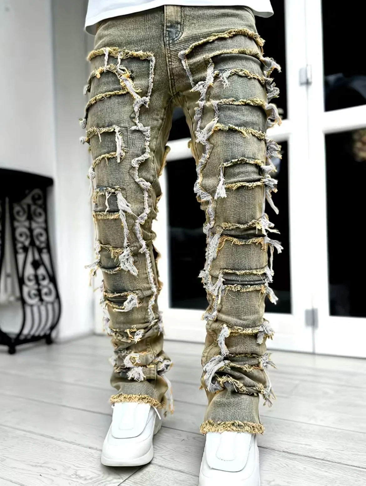 Man Stacked Jeans Elastic Waist Straight Fit Patchworks Denim Long Pants Fringe Ripped Jeans For Men