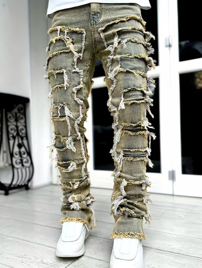 Man Stacked Jeans Elastic Waist Straight Fit Patchworks Denim Long Pants Fringe Ripped Jeans For Men