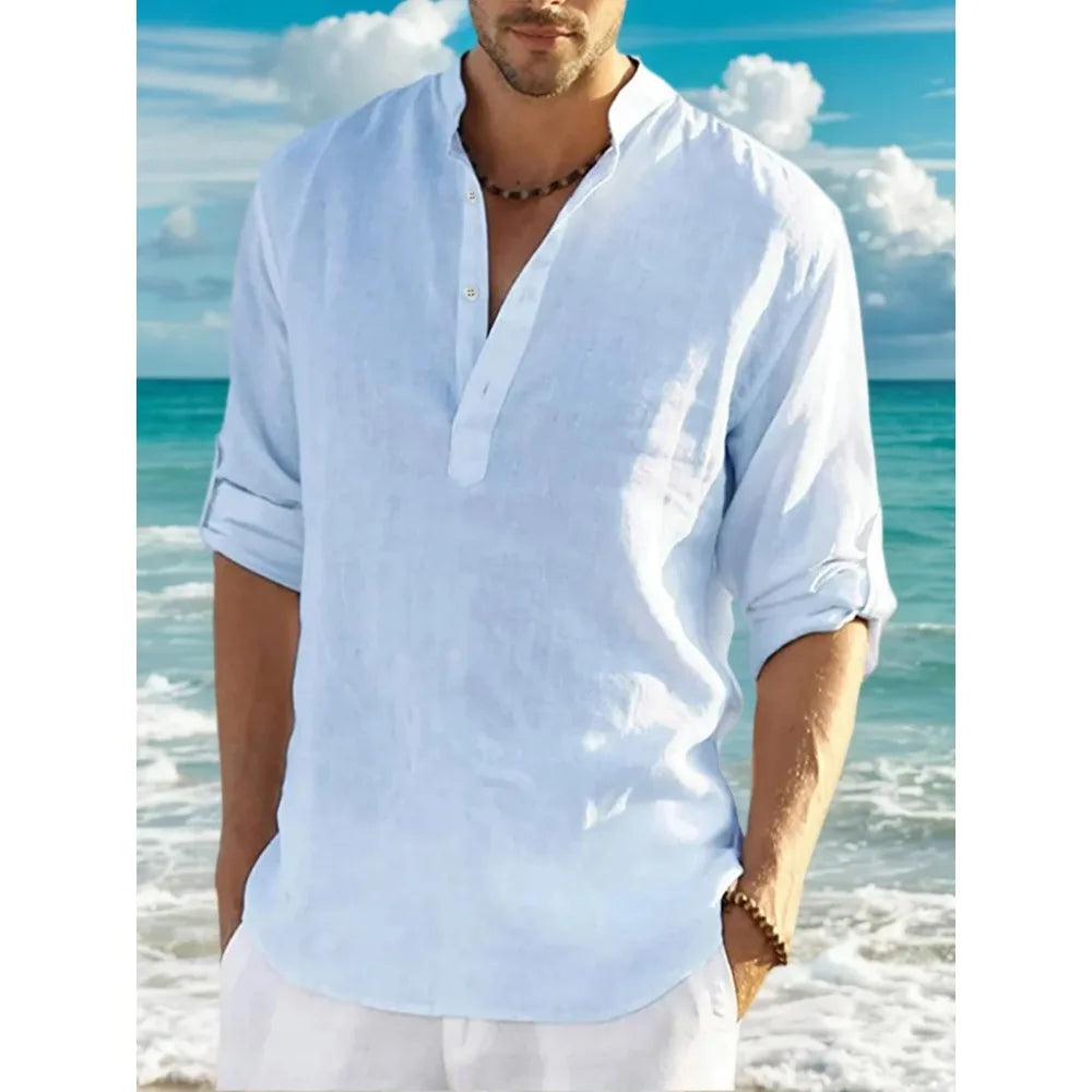 Men'sshirt Classic Casual Stand-up Collar Long-sleeved V-neck Shirt Sleeve Split-sleeved Light Breathable Beach Vacation T-shirt