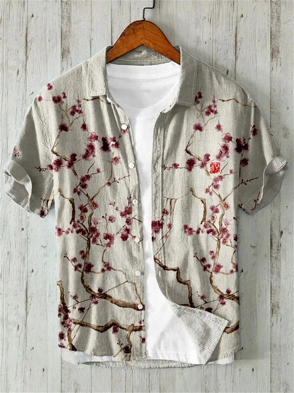 Hawaiian Shirt with Bamboo Joint, Plum Blossom, Sunrise Print, Japanese Art Linen, Leisure Holiday,  Cardigan, Flip Collar, New