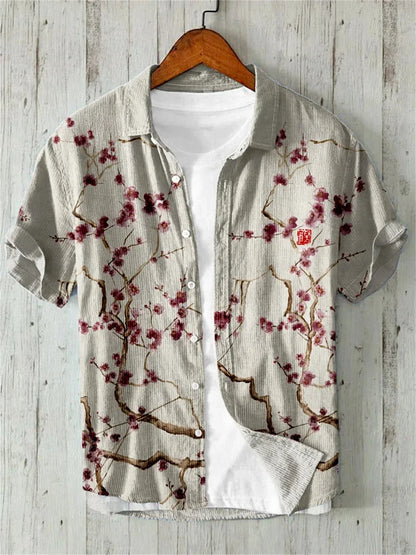 Hawaiian Shirt with Bamboo Joint, Plum Blossom, Sunrise Print, Japanese Art Linen, Leisure Holiday,  Cardigan, Flip Collar, New
