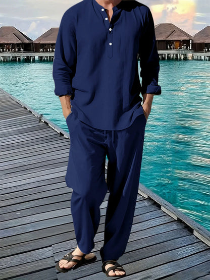 Men's Shirt Pants Suit Summer Breathable Beach Hawaiian Vacation Casual Long Sleeves Set Solid Color Loose Jogging Trousers
