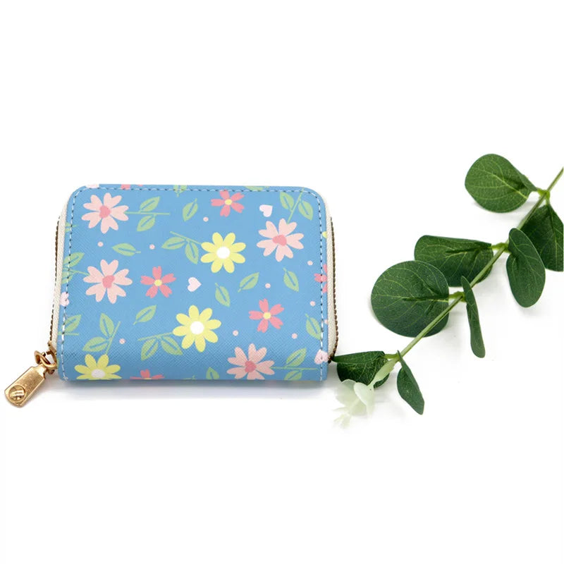 Fashion Flower PU Coin Purse for Women Cute Organ Card Case Lady Credit Card Holder Multifunctional Zipper Small Short Wallet