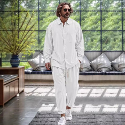 Men's Long-Sleeved Two-Piece Fashion Comfortable Cotton And Linen Casual Pocket Lapel Single-Breasted Loose Street Suit