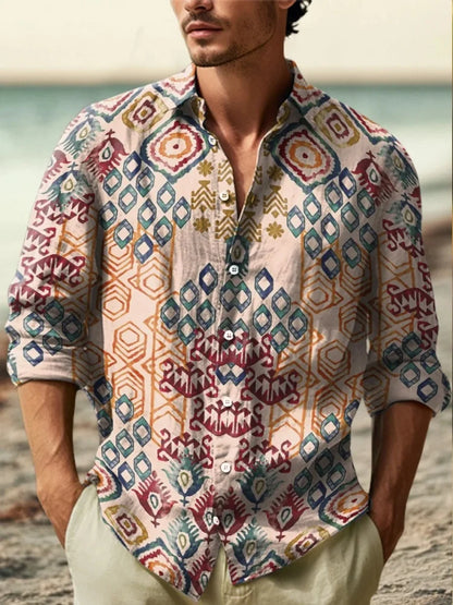 2025 Men's New Linen 3D Printed Long Sleeve Shirt Fashion Design Luxury Long Sleeve Shirt Four Seasons Lapel Button Shirt