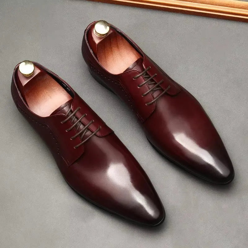 Leather shoes for men, lace up shoes for men, pointy, leather, high-end wedding, dress, Oxford, Lefu shoes, large, British style