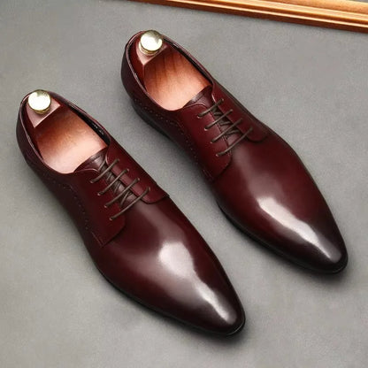 Leather shoes for men, lace up shoes for men, pointy, leather, high-end wedding, dress, Oxford, Lefu shoes, large, British style