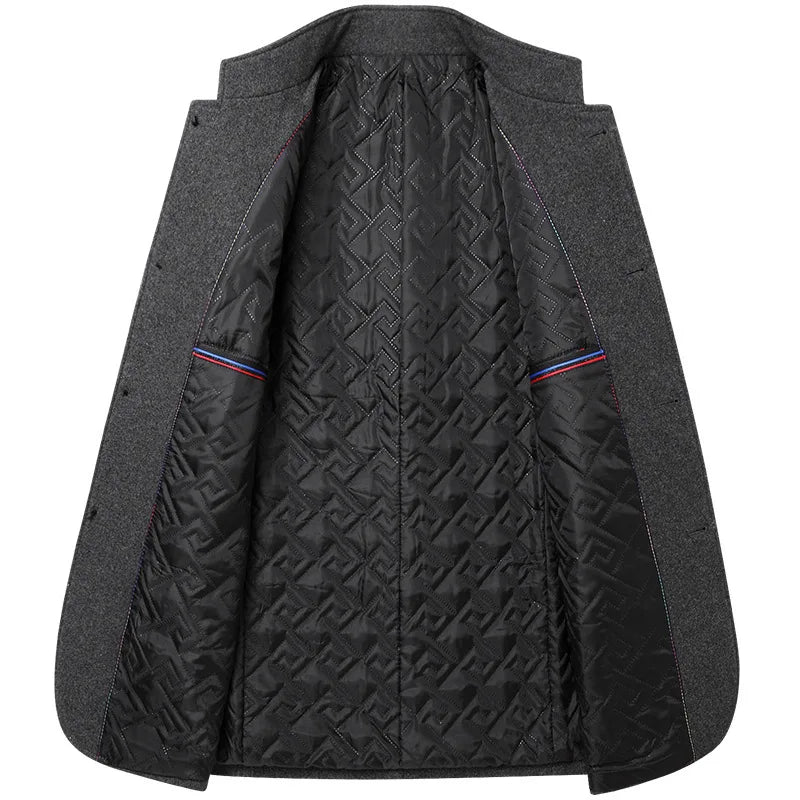 Mens Woolen Jacket Suit Stand-up Collar Middle-aged Autumn and Winter Woolen Men Jacket