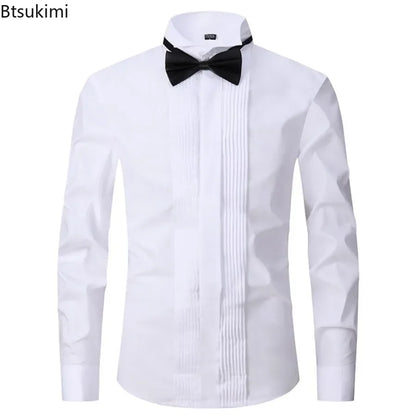 2025 Men's Tuxedo Long Sleeve Dress Shirts French Cufflinks Swallowtail Fold Design Party Prom Host Formal Shirt Gentleman Tops