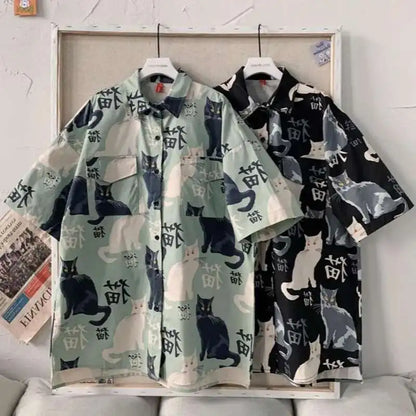 Mens Cute Shirt Black Cats Print Shirts Short Sleeves Summer Lapel Neck Buttons Cartoon Shirt Beachwear Tops Camisa Harajuku Top