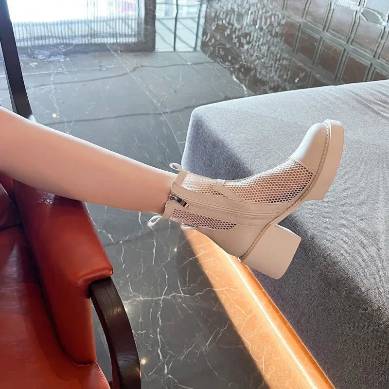 Summer White Hollow Women's Thick Heel High Heel Mesh Boots with Small Short Boots Breathable Thin Style