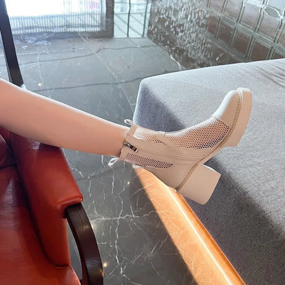 Summer White Hollow Women's Thick Heel High Heel Mesh Boots with Small Short Boots Breathable Thin Style