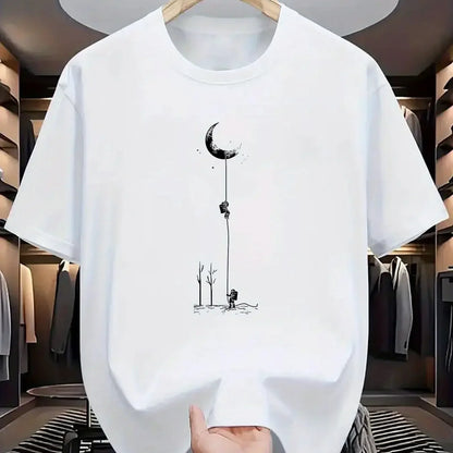 Summer Men's Casual Loose Accessories Plus Size Moon Landing Pattern Printed Round Neck Short Sleeve T-Shirt Top