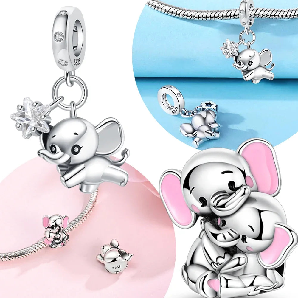 Mother Baby Charms Pink Elephant Beads Fit Original 925 Silver Original Bracelet Jewelry Making Up Mother's Day Gift