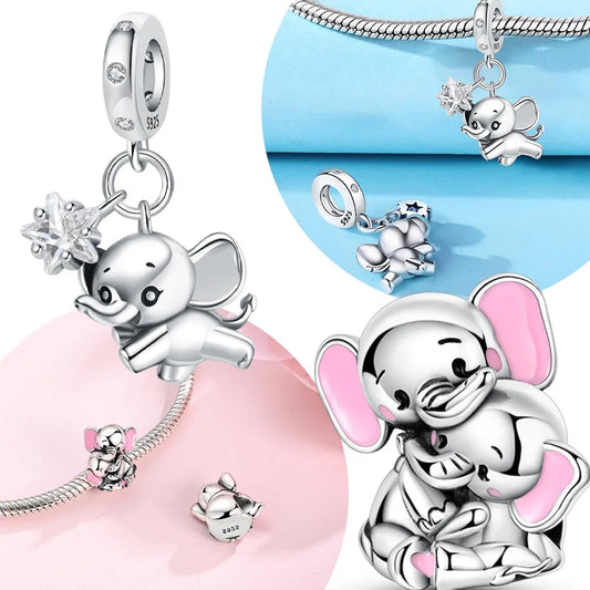 Mother Baby Charms Pink Elephant Beads Fit Original 925 Silver Original Bracelet Jewelry Making Up Mother's Day Gift