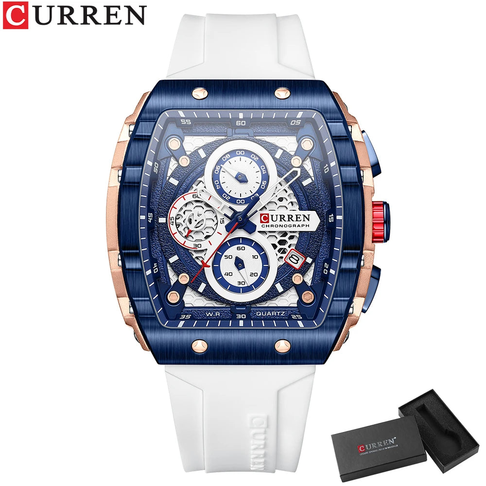 CURREN New Fashion Square Dial & Silicone Strap  Mens Watches Luxury Sport Waterproof Watch Man Chronograph Quartz WristWatches