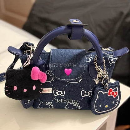 Hello Kitty Shoulder Crossbody Bag Cartoon Casual Cute Embroidery Zipper Denim Dumpling Bag Women Girls Gifts Y2k Messenger Bags