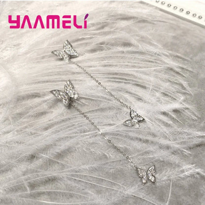 Solid 925 Silver Earring Cute Full Rhinestone Cubic Zircon Inlay Paved Butterfly Thread Pendientes Jewelry for Female Femme Gift