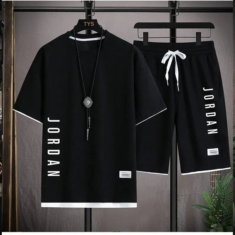 Leisure sports suit men's new summer fashion outdoor basketball jogging men's round neck short-sleeved T-shirt shorts 2 sets