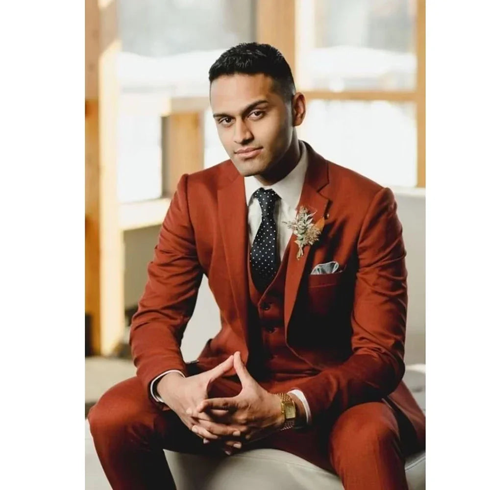 Burnt Orange Men's Suits 3 Pieces Single Breasted Notch Lapel Formal Wedding Full Set Jacket Pants Vest Slim Blazer Masculino