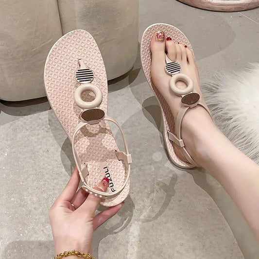 Roman Style Flat Rubber No Heel Pink Sandals for Women Beach Footwear Summer 2024 Open Toe Ladies Shoes Comfort Asian Size F H