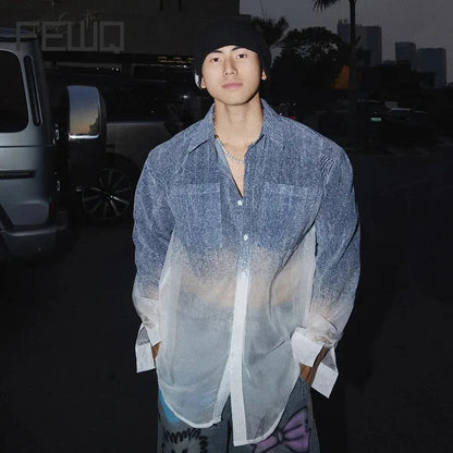 FEWQ Niche Design Men's Shirts Lapel Denim Single Breasted Long Sleeved Casual Gradient Color Loose Male Pocket Top Chic 24K3470