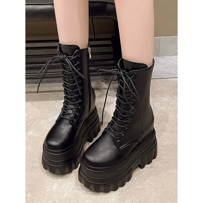 14CM Soft Leather Ankle Mid Calf Boots Winter Autumn High Platform Wedge British Booties Woman  Ladies Chunky Motorcycle Boots
