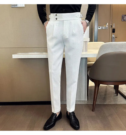 Top Brand Men Fashion Pantalones Hombre High Waist Waffle Business Casual Suit Pants Male Clothing Slim Fit Formal Wear Trousers