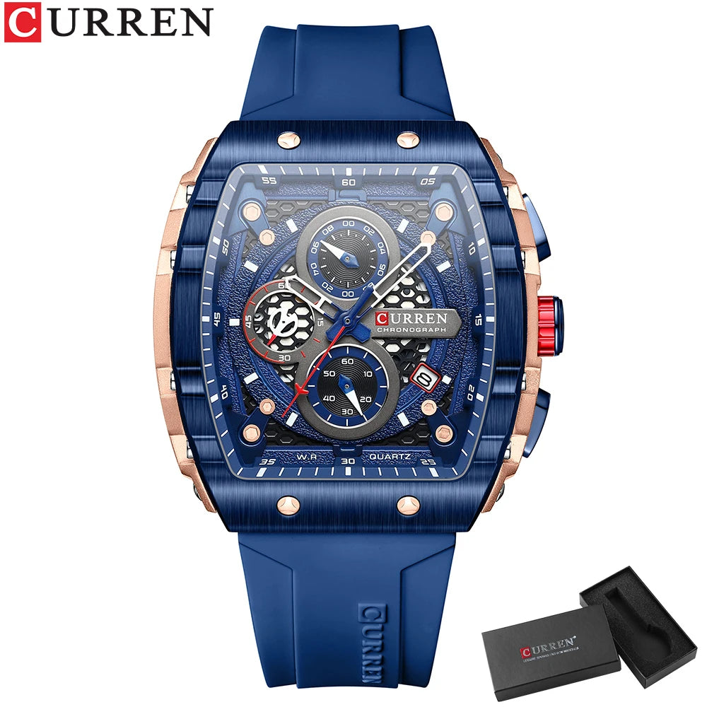 CURREN New Fashion Square Dial & Silicone Strap  Mens Watches Luxury Sport Waterproof Watch Man Chronograph Quartz WristWatches