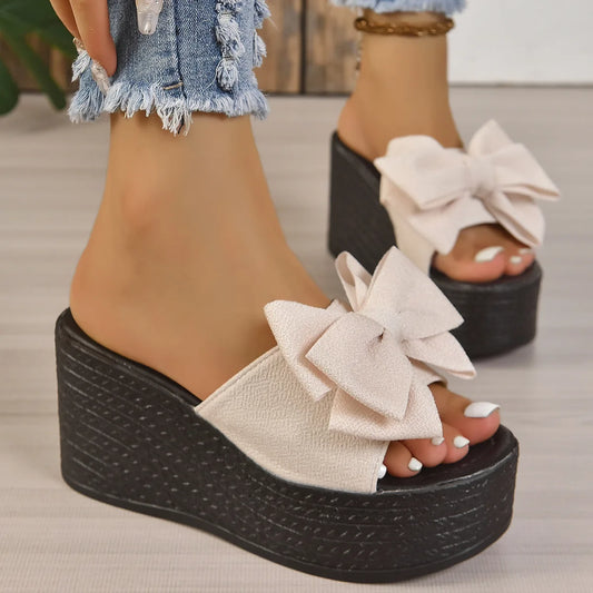 Platform Bowknot High Heels Slippers Women's Wedding Shoes Summer 2025 Casual White Black Slides Ladies Beach Pantuflas De Mujer