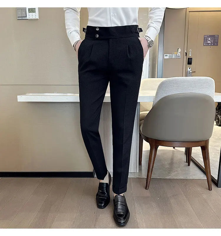 Top Brand Men Fashion Pantalones Hombre High Waist Waffle Business Casual Suit Pants Male Clothing Slim Fit Formal Wear Trousers