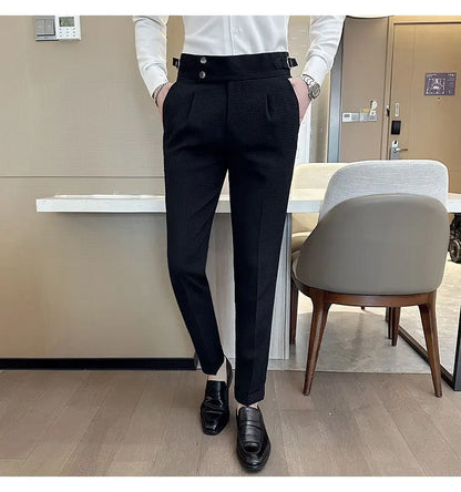 Top Brand Men Fashion Pantalones Hombre High Waist Waffle Business Casual Suit Pants Male Clothing Slim Fit Formal Wear Trousers