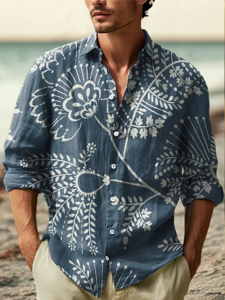 2025 Men's New Linen 3D Printed Long Sleeve Shirt Fashion Design Luxury Long Sleeve Shirt Four Seasons Lapel Button Shirt