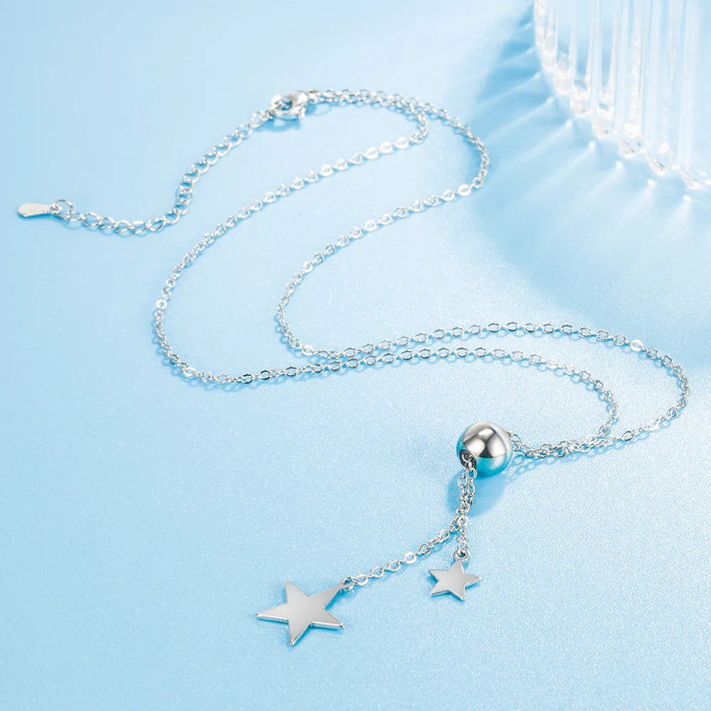 Real 925 Sterling Silver Star Pendant Necklace Crystal Long Chain Drop Earrings Jewelry Sets For Women Trendy FQL23064