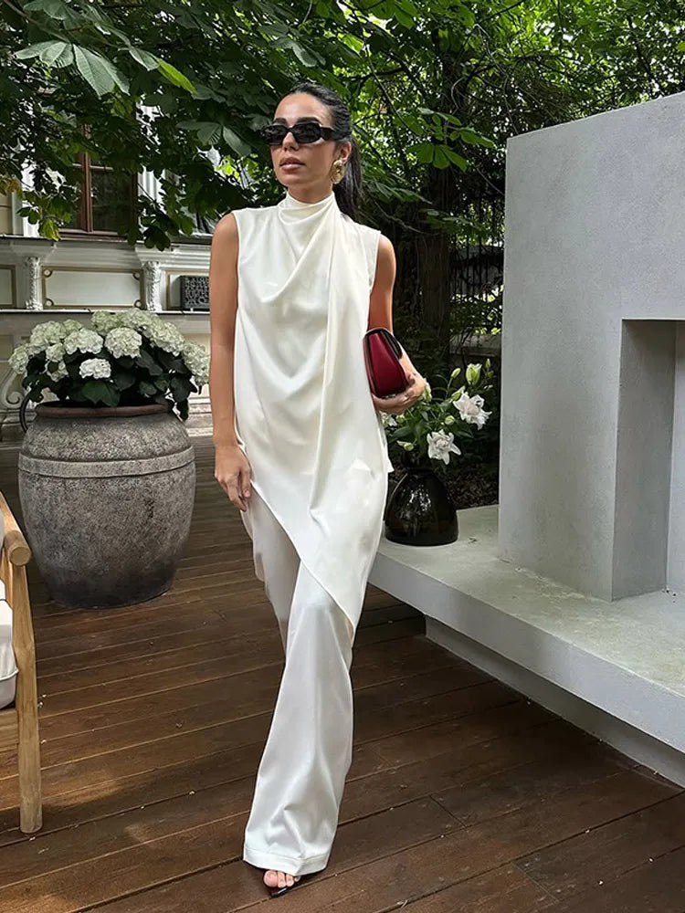 Elegant White Satin Vest Pants Suit Women Chic Sleeveless Irregular Hem Top Wide Leg Pants Set Fashion Female High Street Wear