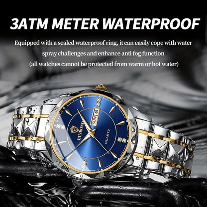 2025 New Watch Diamond Luxury Night Glow Double Calendar Quartz Movement Gold Blue Stainless Steel Fashion Business Man Watch