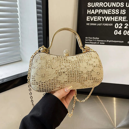 Elegant Luxury Evening Banquet Bag Shiny Flower Ladies Clutch Bag Rhinestone Metal Top Handle Chain Crossbody Bag Party