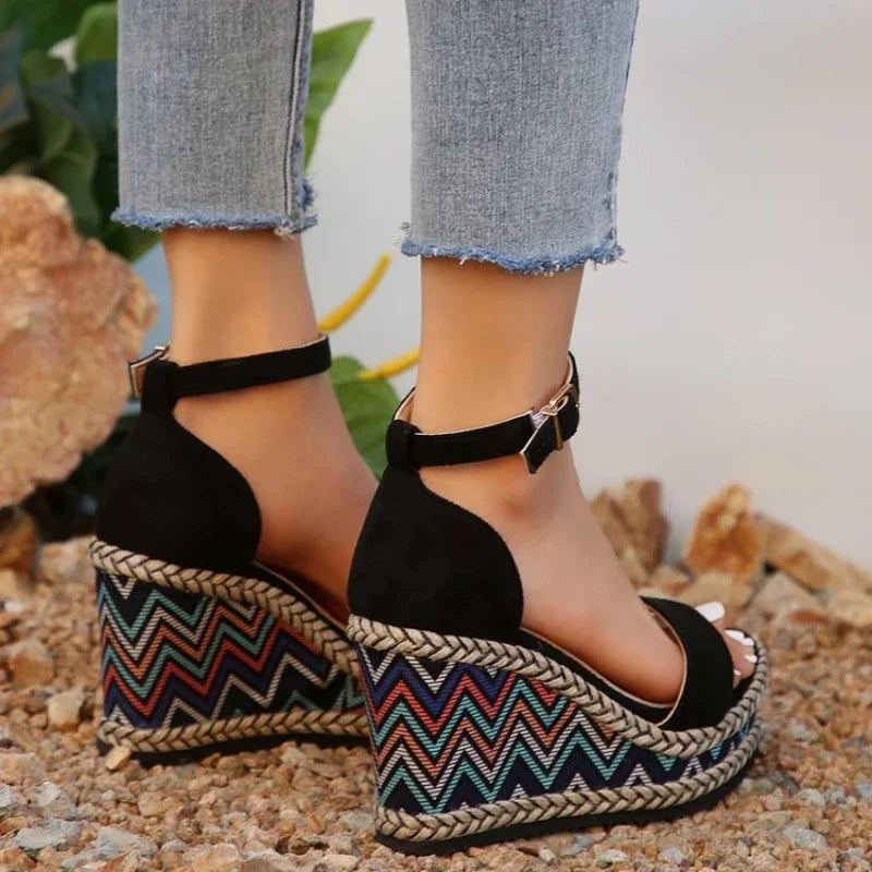 Summer New European and American Fashion Simple Ethnic Style Slope Heel Sandals with One Button High Heel Women's Shoes 2025