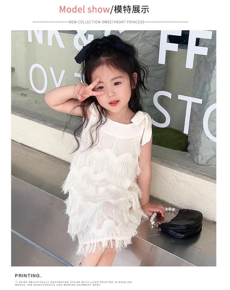 Girls Casual Dresses Fringe Bow Princess Dress Sleeveless Halter Dress for Kids White Princess Dress for Girls 2 To 7 Years