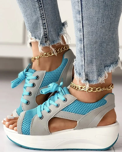 Summer Women Sandales  Shoes Casual Flat Peep Toe Contrast Paneled Cutout Lace-up Muffin Sandals Platform Sport Sneakers
